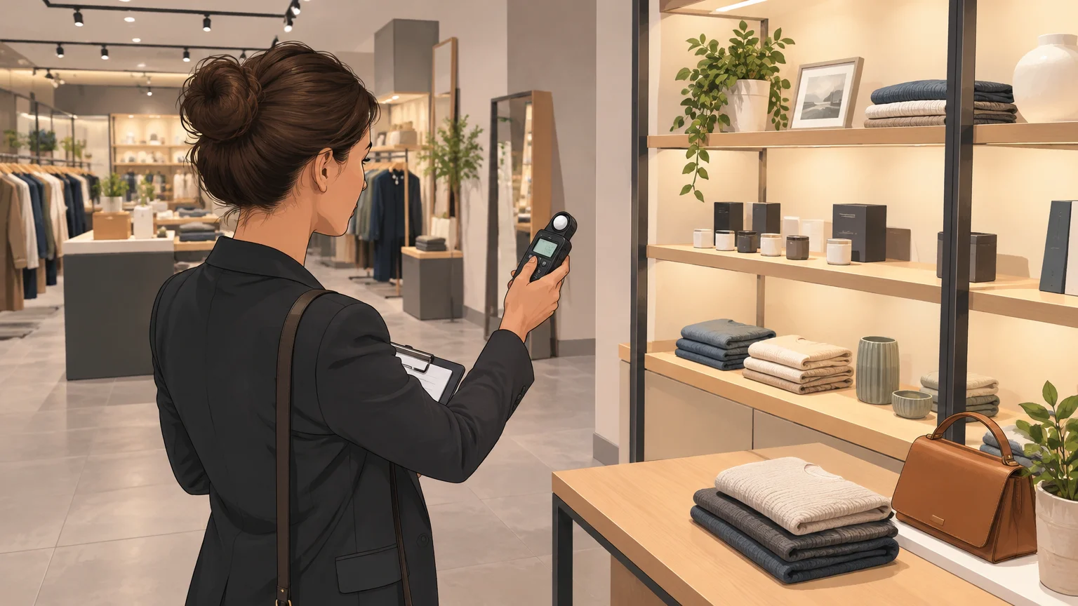 Professionnelle mesurant l’éclairement près d’un présentoir en magasin