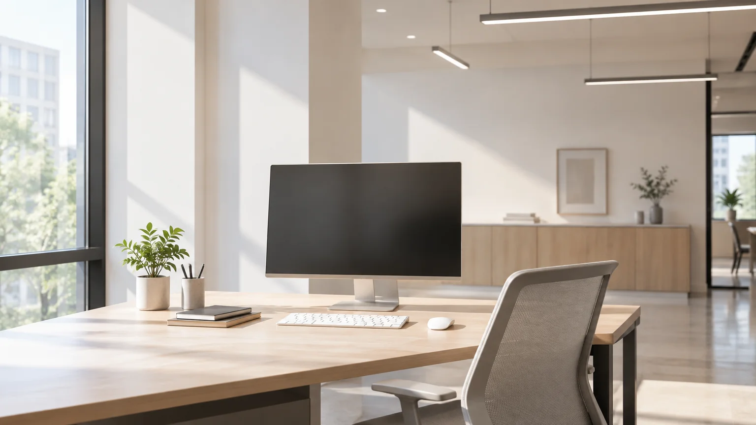 Poste de travail dans un bureau contemporain avec une lumière équilibrée