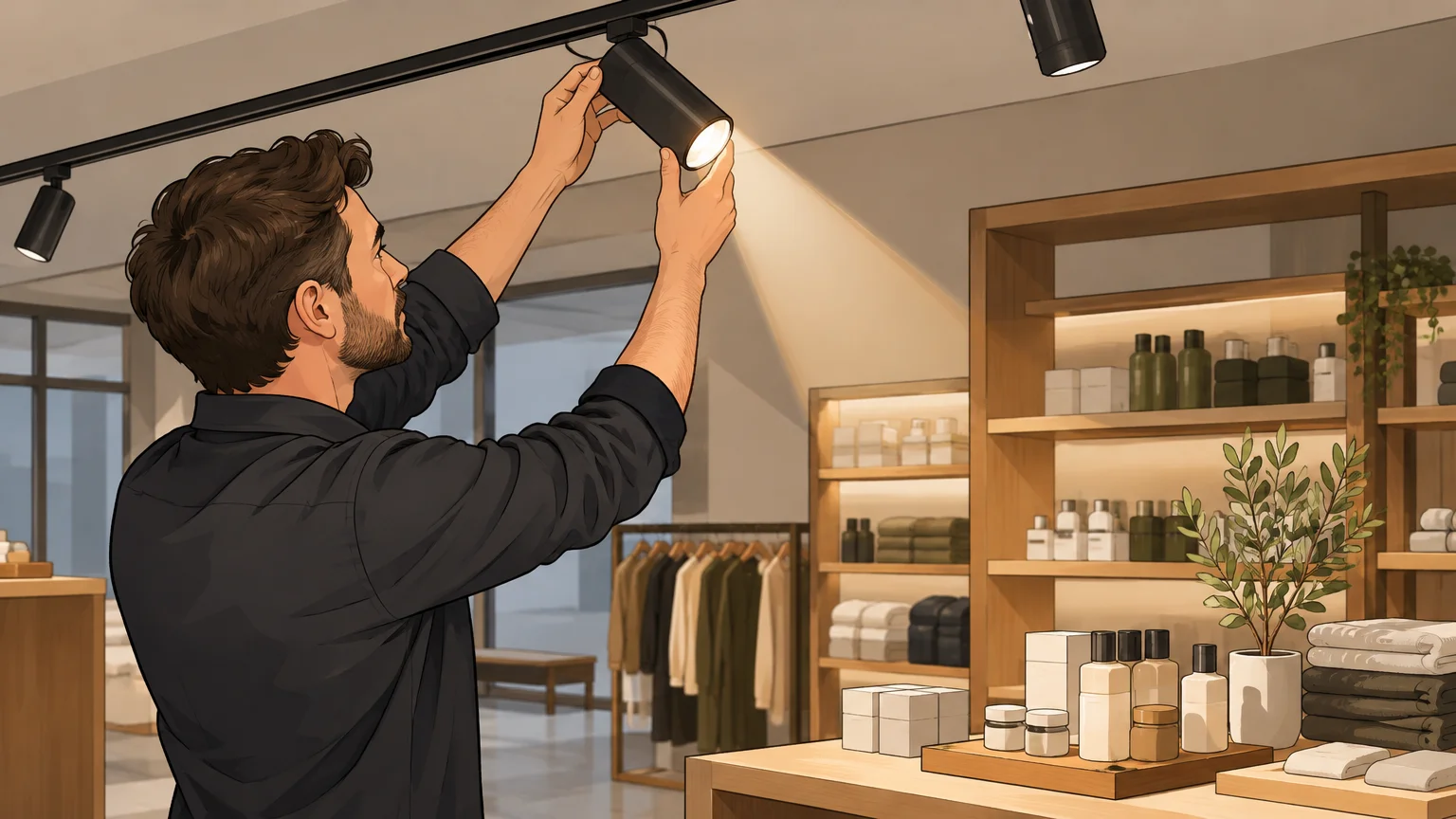 Responsable lumière ajustant un projecteur dans une boutique aménagée