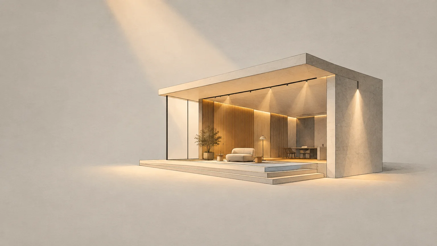 Illustration éditoriale d’un espace architectural éclairé, avec une maquette et des faisceaux lumineux subtils