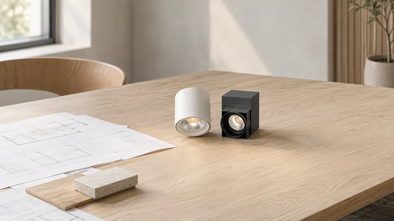 Deux luminaires et des plans non lisibles illustrent la préparation d’un appel d’offres d’éclairage.