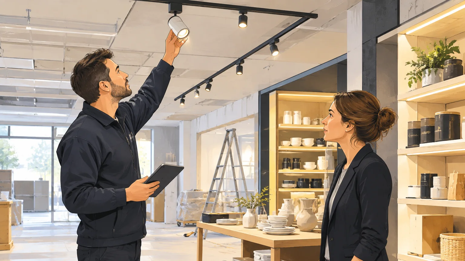 Une équipe examine un luminaire d’essai dans un commerce avant de définir les besoins d’éclairage.
