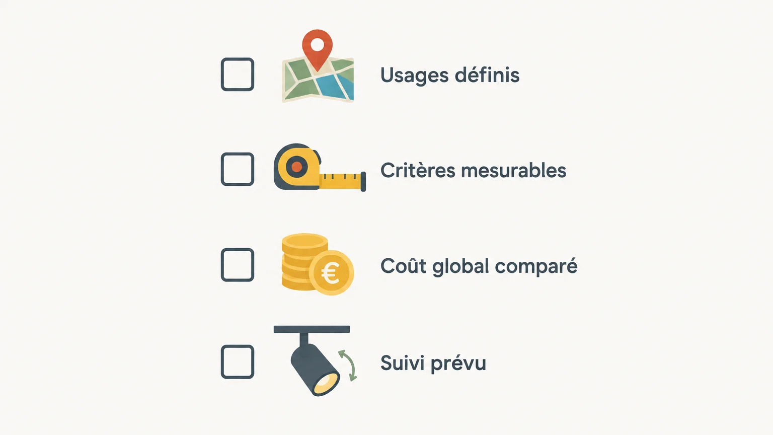 Checklist des usages, critères, coûts et étapes de suivi à prévoir avant une consultation d’éclairage.