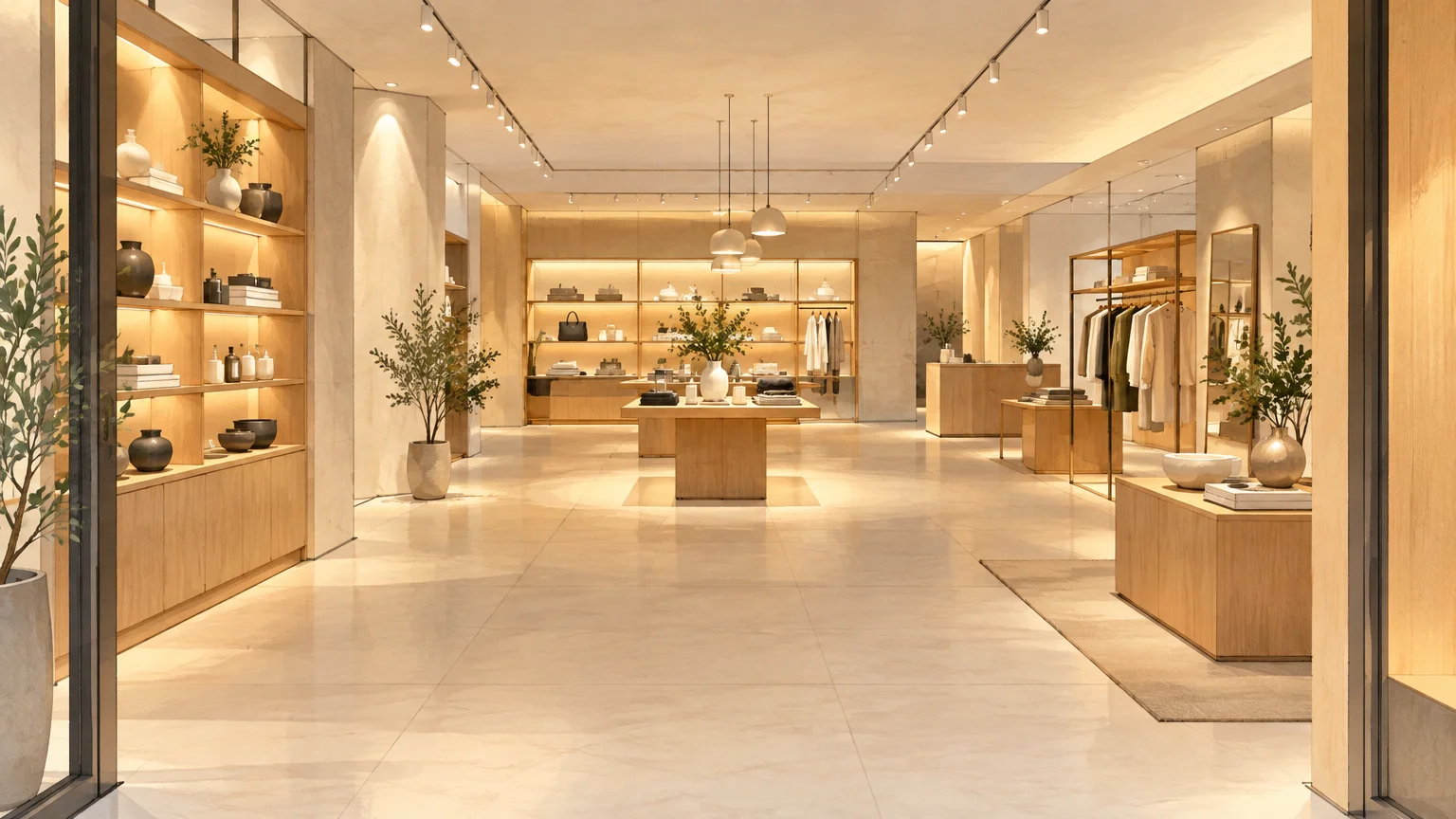 Boutique contemporaine où l’éclairage met en valeur les produits et organise le parcours.