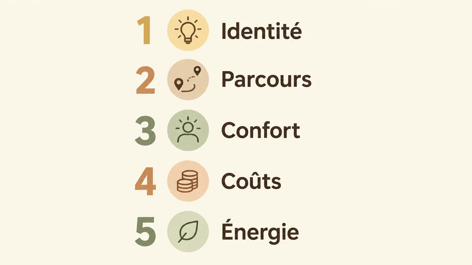 Checklist des critères d’identité, de parcours, de confort, de coûts et d’énergie.