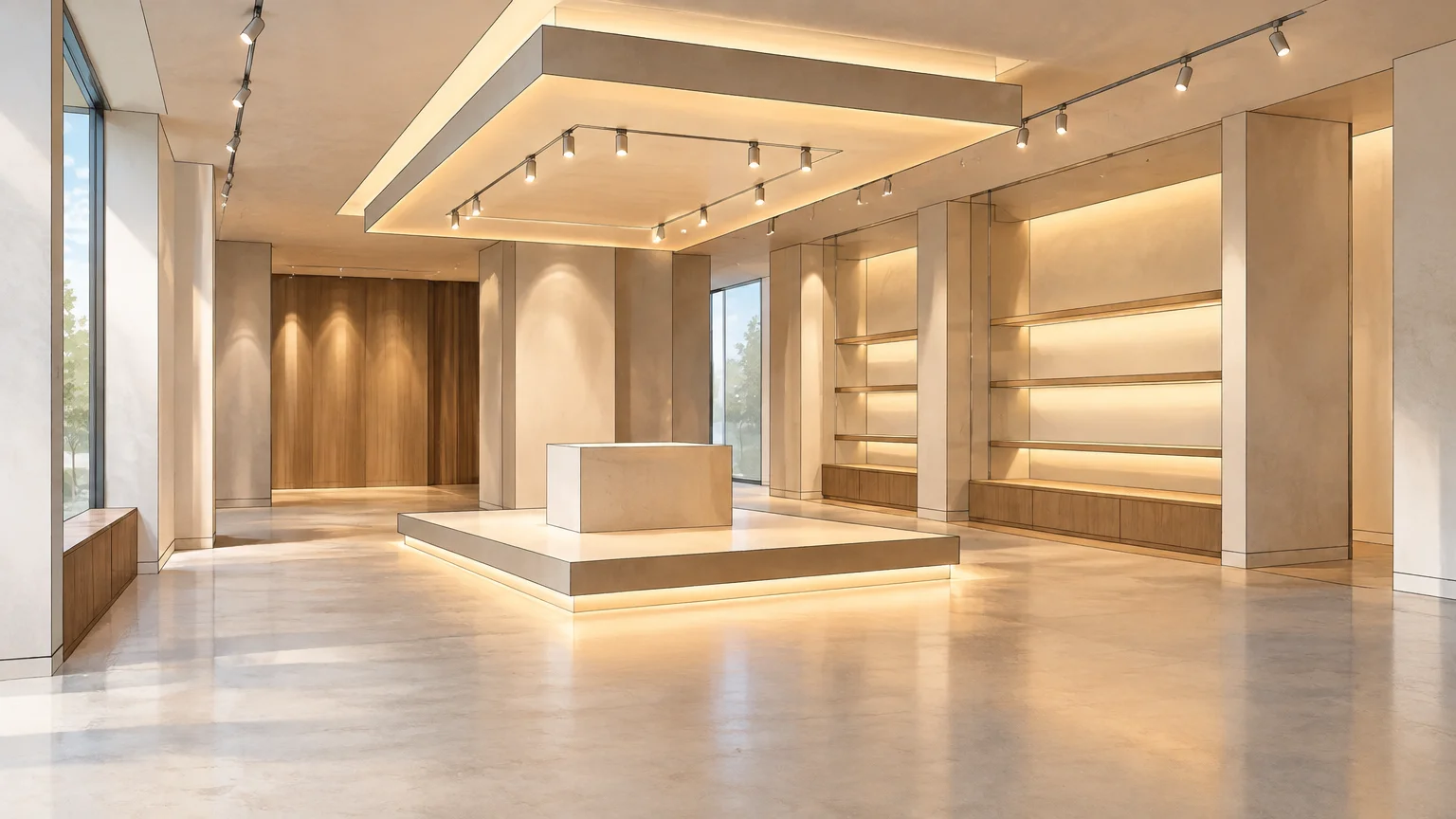 Éclairage en couches structurant une boutique contemporaine et sa zone de présentation.