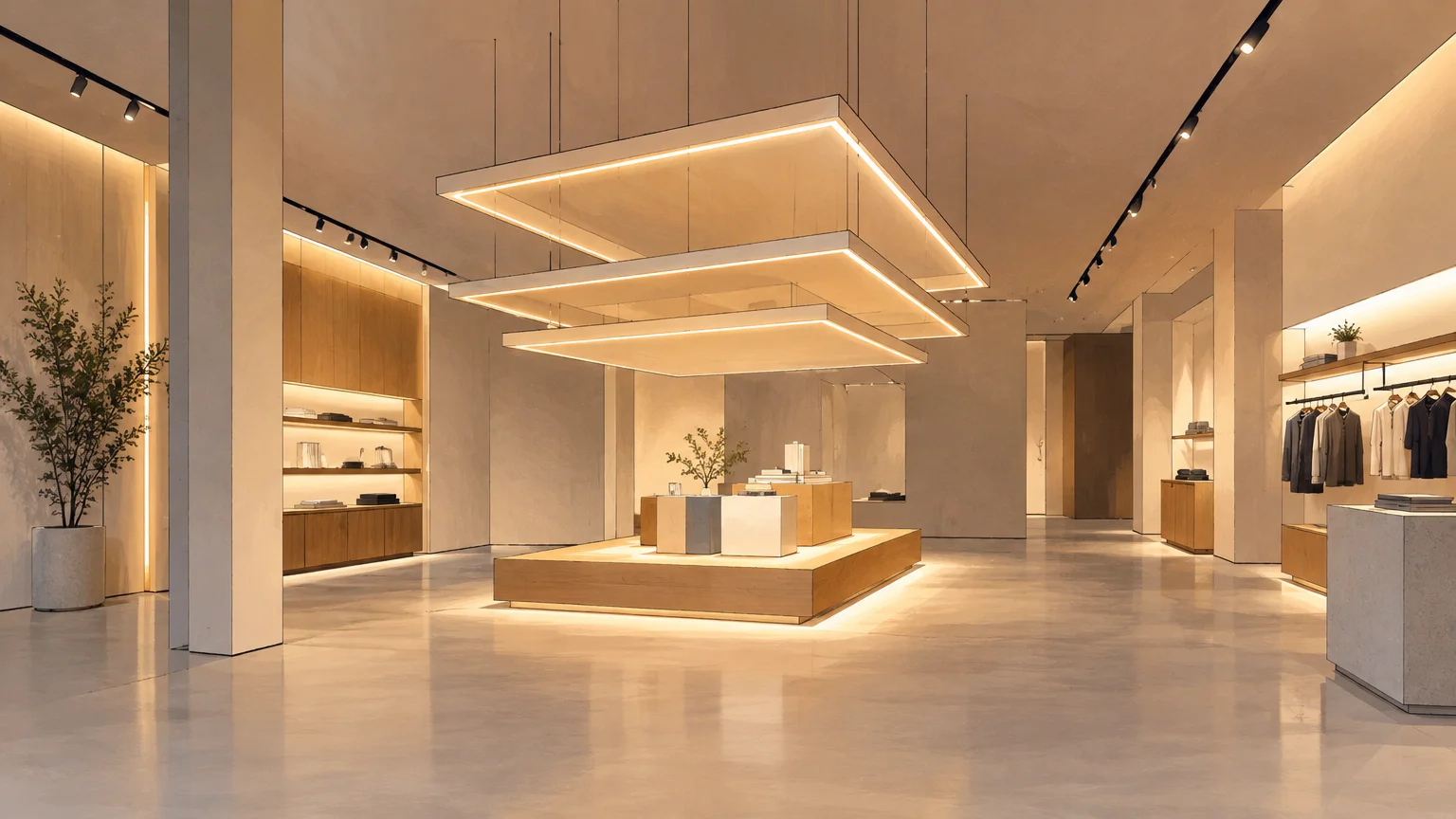 Boutique contemporaine où la lumière organise l’espace et souligne une zone de présentation.