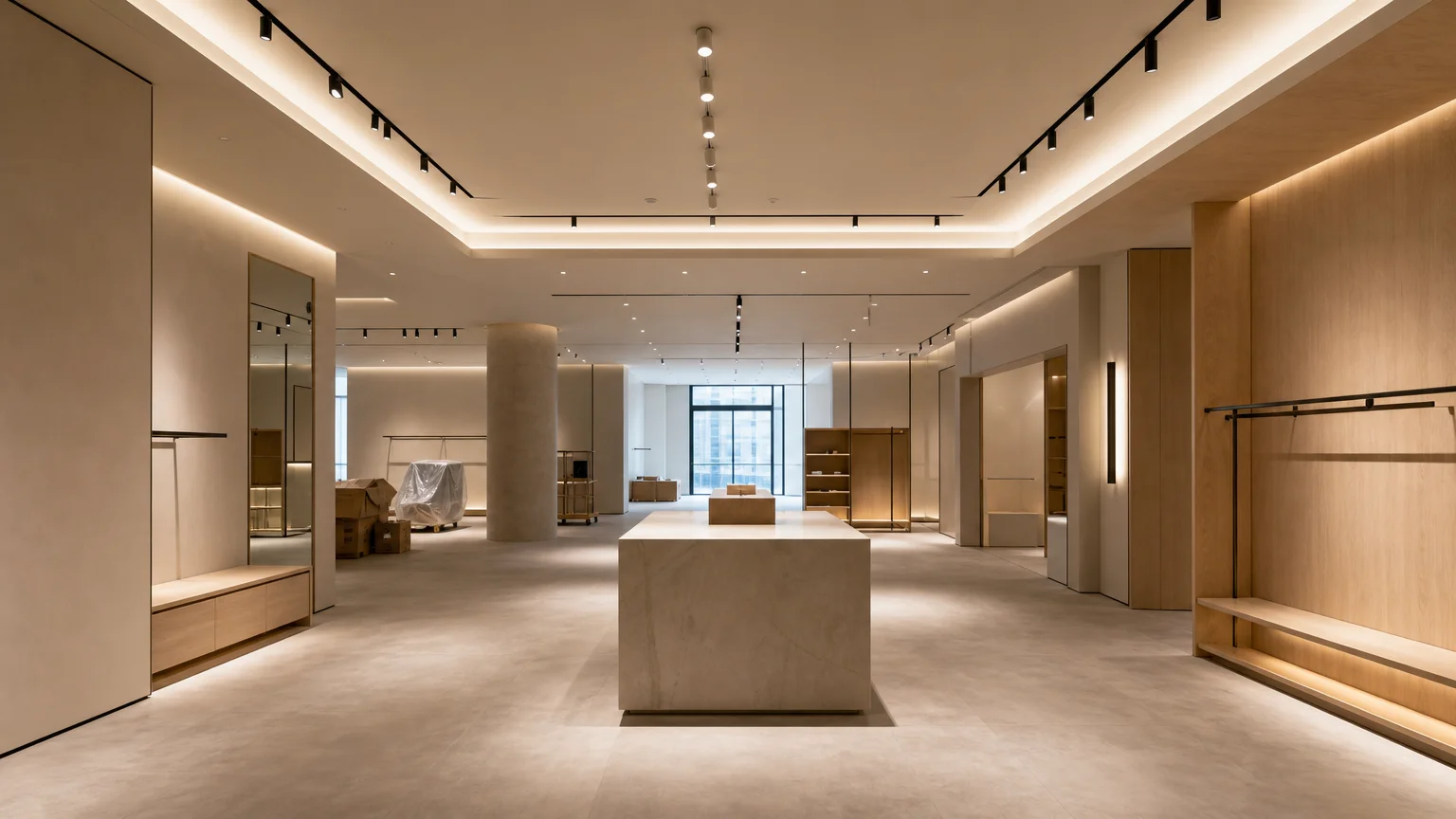 Espace commercial contemporain avec luminaires intégrés, en phase de préparation du projet