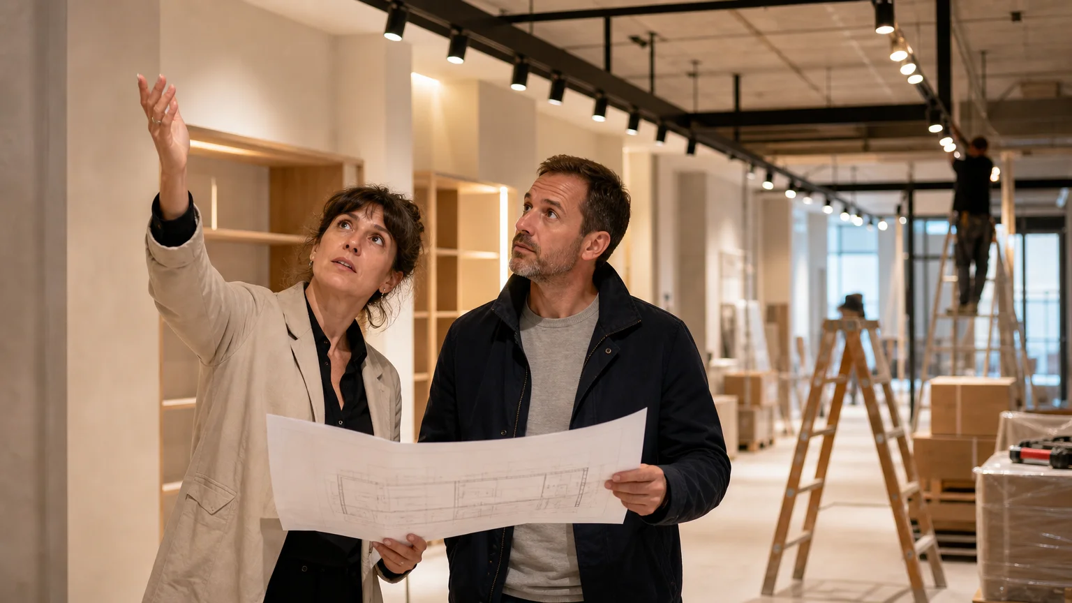 Spécialiste et chef de projet vérifiant l’installation lumineuse d’un espace commercial